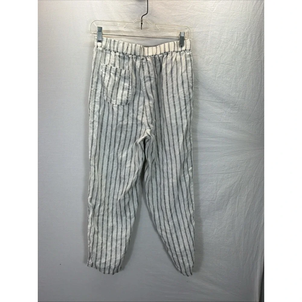 Quince 100% European Linen Pants Oatmeal Black Stripe Small S Travel Office